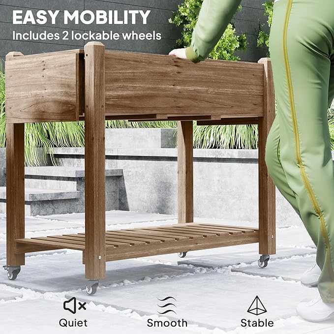 Convenient Elevated Garden BedWood Raised Planter Boxwith Lockable WheelsSide TablesBottom ShelfDrain Holes