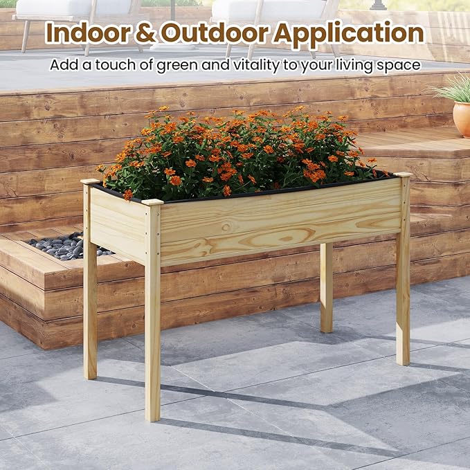 S AFSTAR 2 Pieces Wooden Raised Garden Bed with Legs Planter Box with Liner &amp Drainage Holes for Vegetable Flower Herb Indoor Outdoor Elevated Gardening Box for Backyard Patio Balcony
