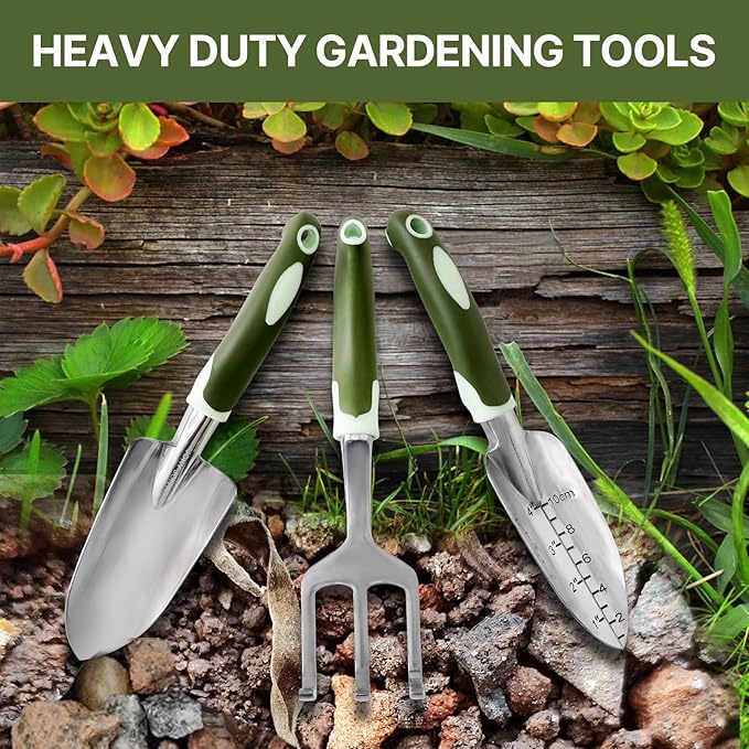 3 PCS Heavy Duty Aluminum Gardening Tool Set for Men &amp Women Including Hand Shovel Hand Rake &amp Transplanter Trowel with Soft Rubberized Non-Slip Ergonomic Handle