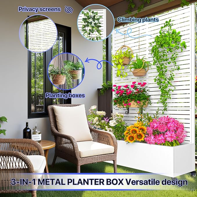 Metal Planter Box with Trellis72x47x16Galvanized Steel Outdoor Raised Garden Bed with Privacy Screenwith Drainage Holes &amp Lockable Casters for Climbing PlantsVegetablesand Vines(WHITE-BYC)