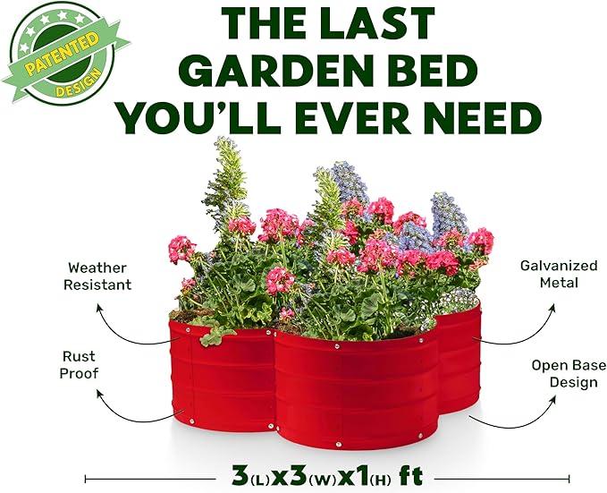 Plant &amp Plot Galvanized Raised Garden Beds Outdoor // 3×3×1 ft Planter Raised Beds for Gardening Vegetables Flowers // Large Metal Garden Box (Red) // Patented Tool-Free Design