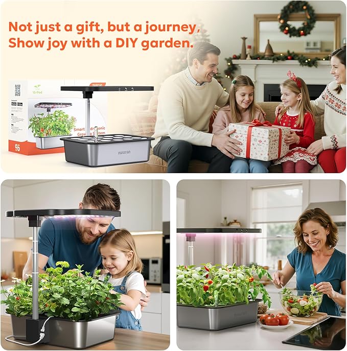 owltron Smart Hydroponics Growing System Kit15 Pods Indoor Herb Garden with 36W LED Grow Light &amp APP Control Planting Height Up to 30 Quiet Water Pump Ideal Gift for All Ages Dark Silver