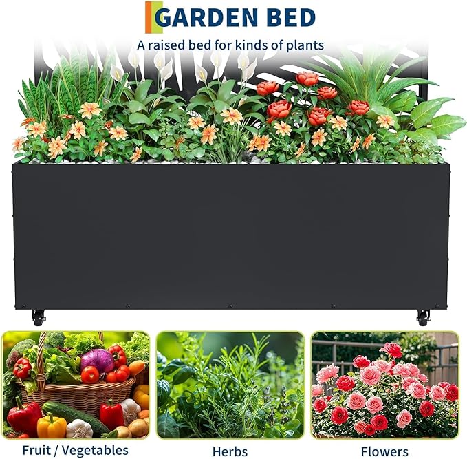 Garvee Metal Raised Garden Bed with Trellis and Wheels 71x47x16 Metal Planter Box with Trellis Privacy Screen for Climbing Plants Vegetable Vines Drainage Holes 15.8 Deep Planting BedBlack