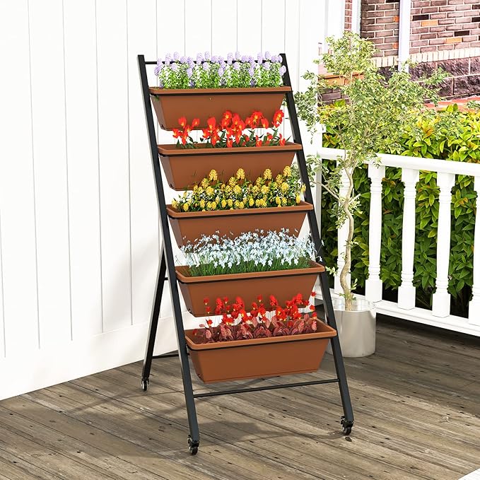 Giantex Vertical Raised Garden Bed on Wheels 5-Tier Elevated Planter Boxes Garden Beds with Drain Hole Freestanding 5 Containers for Herb Vegetables Flowers Growing Indoor Outdoor Patio Balcony