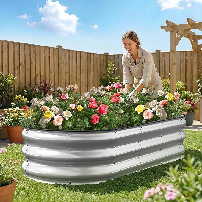 Kesfitt Raised Garden Bed 5x2x1 FT Galvanized Steel Metal Raised Garden Bed Oval Open-Bottom Design 12-Inch Deep for Outdoor Vegetable &amp Herb Gardening Silver