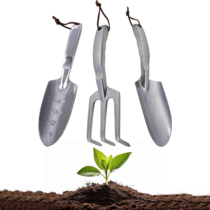 Hand Gardening Tools 3 Pack with Cultivator Hand Rake Transplanting Shovel and Garden Trowel for Planting - Heavy Duty Cast Aluminum Garden Tool Set with Ergonomic Handles by Kings County Tools
