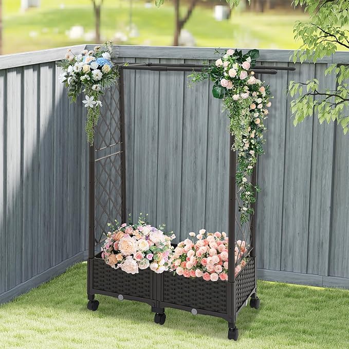 Planter Box with Trellis Outdoor Raised Garden Bed with Wheels Raised Bed Trellis with Drainage Hole Vegetable Flower Privacy Planter Box for Backyard Balcony Patio