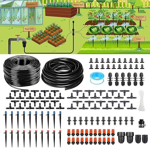 240FT Drip Irrigation System Kit Drip Irrigation System for Garden with 1/4 Irrigation Tubing DIY Saving Water Automatic Watering System for Greenhouse Yard Lawn Plant