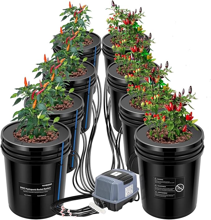 VIVOSUN DWC Hydroponics Grow System with Top Drip Kit 5-Gallon Deep Water Culture Recirculating Drip Garden System with Multi-Purpose Air Hose Air Pump and Air Stone (8 Buckets + Top Drip Kit)