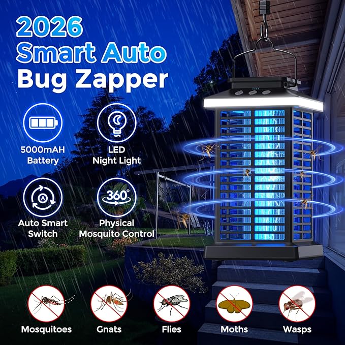 Bug Zapper Outdoor Mosquito Zapper 2 in 1 Portable &amp Rechargeable Bug Zapper Outdoor with 5000mAh Battery &amp LED Night Light 4000V Electric Fly Zapper for OutsidePatioBackyardGarden