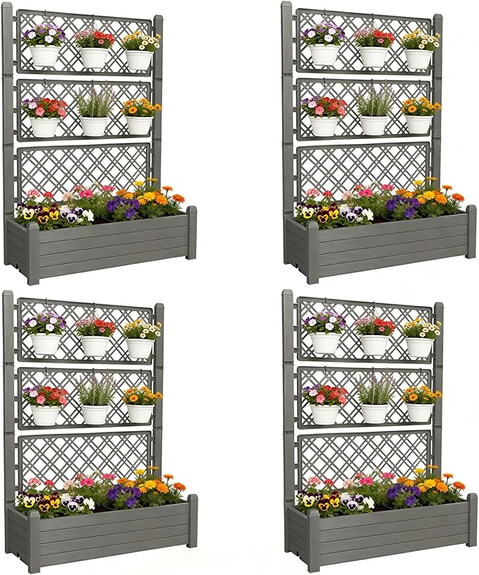 5.3' Tall Raised Garden Bed with Trellis Self Watering Planter Box for Outdoor Climbing Plants Resin Garden Lattice for Vegetables Flowers Tomato &amp Vine with Drainage Holes (Coffee 4 pack)