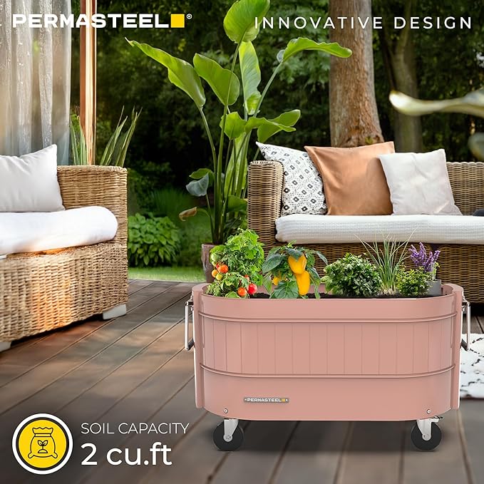 Permasteel Self-Watering Garden Bed Rolling Planter for Vegetables Flowers Herbs and Fruit Outdoor Indoor Caster Wheels Pink