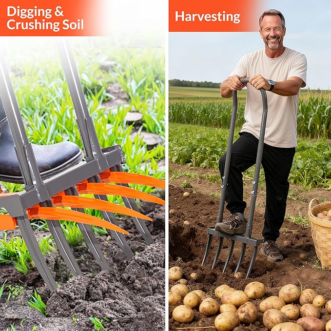 Walensee Broad Fork Garden Tool 9 Tines Heavy Duty Broadfork Hand Tiller 2-in-1 Garden Pitchfork with Ergonomic U-Shaped Handle Spading Digging Fork for Gardening Cultivating