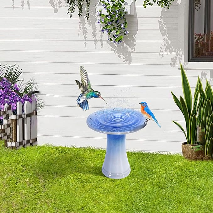 17'' Ceramic Bird Bath for Outside Elegant Tall Outdoor Bird Bath Lightweight Pedestal Glazed Birdbaths for Outdoors with Floral Pattern Blue Ombre