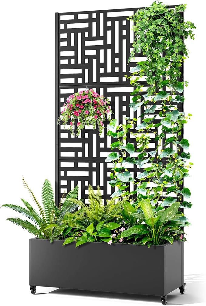 Metal Raised Garden Bed with Trellis 2-in-1 Planter Box &amp Privacy Screen for Climbing Plants Outdoor Standing Flower Bed with Drainage Holes 35.4 L x 15.7 W x 70.1 H Black-Helen
