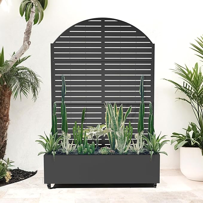 Metal Planter Box with Trellis for Climbing Plants Vegetables Raised Garden Beds with Privacy Screen &amp Wheels Standing Flower Box with Drainage Holes (47 L Black Arch)