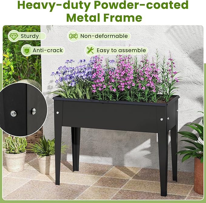 Raised Garden Bed with Legs 24 x 11 x 18 Inch Metal Elevated Planter Box w/Drainage Holes for Flowers Herbs Standing Raised Planter Bed for Indoor Outdoor Balcony Patio Backyard (1 Black)