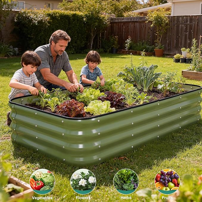 4 in 1Galvanized Raised Garden Bed - 5x3x1ft Modular Garden Planter Bed Outdoor | Steel Raised Bed Kit with Bracing Rods Gloves for Gardening Vegetables Fruits and Flowers (Green)