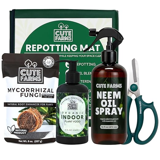Cute Farms Plant Care Kit – Organic Houseplant Fertilizer Mycorrhizal Fungi Neem Oil &amp Scissors and Repotting Mat | All-in-One Gift for Indoor Plant Lovers