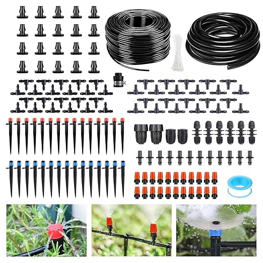 256FT Drip Irrigation System Kit 163PCS Automatic Garden Watering Misting System with 1/4 Distribution &amp 1/2 Hose Tubing and Accessories for Greenhouse Yard Lawn Plant