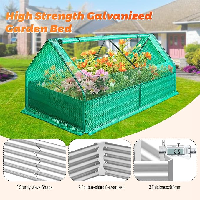 Galvanized Raised Garden Bed Mini Greenhouse Outdoor Raised Garden Planter Box for Vegetable Flower Fruit Metal Planter Garden Box for Garden Yard (72x37x36 in)