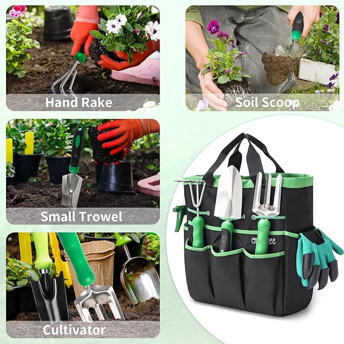 Garden Tool Set with Bag and Gloves Heavy Duty Stainless Steel Gardening Tool Set Ideal Gardening for Women and Men Set of 9