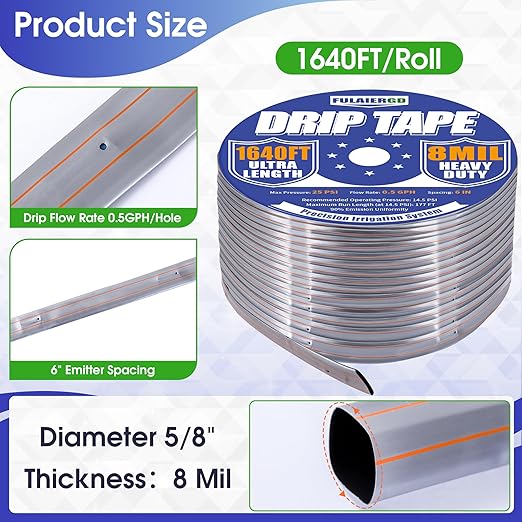 1640 FT 5/8 Inch Drip Tape 6 Spacing Roll 8 Mil Drip Irrigation Tape0.5 GPH/Hole Irrigation Tubing Hose Silver Anti-Bird Pecking Anti-UV Design for Garden Agricultural Irrigation Watering System