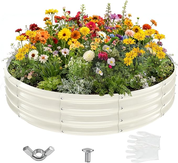 5FT Diameter Galvanized Garden Raised Bed/Plant Box/Fire Pit Ring - 0.8mm Thick12 Inch TallPerfect for Planting a Variety of FlowersHerbsVegetables (Cream White 60 Dia X 12 inches)