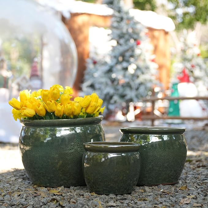 Handmade Dark Green Glazed Ceramic Planter Set of 3 15129 Inch Diameter Solid Glossy for Succulents Herbs Outdoor G Indoor Staircase Use Breathable Clay with Drainage Holes