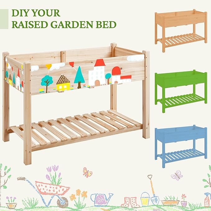 Topeakmart Raised Garden Bed Elevated 2 Tiers Wood Planting Bed Above Ground Planter Box for Vegetables Flowers Herbs Outdoor 47x23x32in
