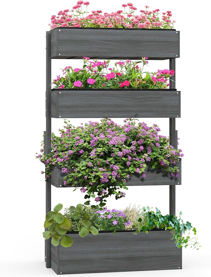 Wooden Vertical Raised Garden Bed 4 Tier Garden Planters Self-Draining with Non-Woven Fabric System Standing Plant Box for Plants Herbs Flowers Vegetables Outdoor Indoor Gardening
