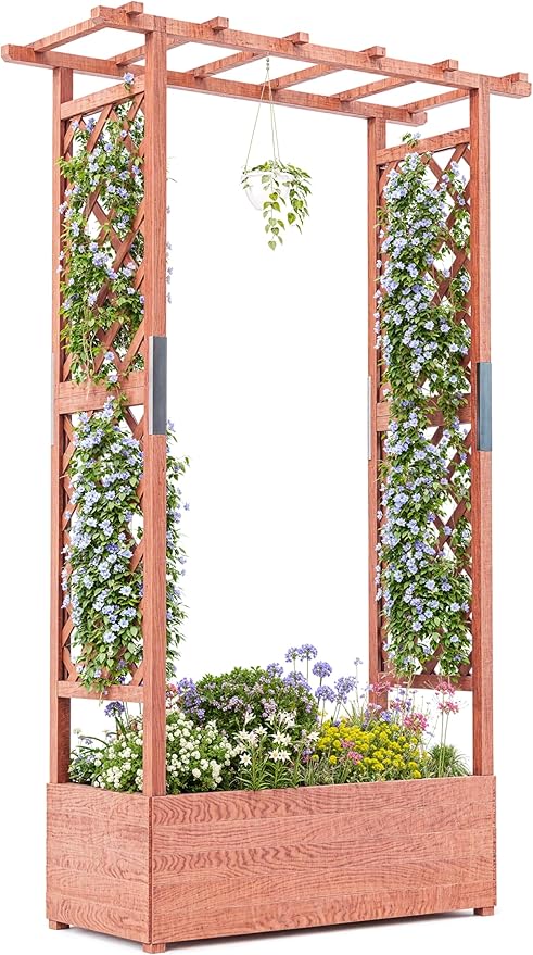 GarveeLife Raised Garden Bed with Trellis 45 in Wood Planter Box with Side Trellis Hanging Roof and 4 Drainage Holes Freestanding Elevated Garden Bed for Climbing Plants Vines Flowers