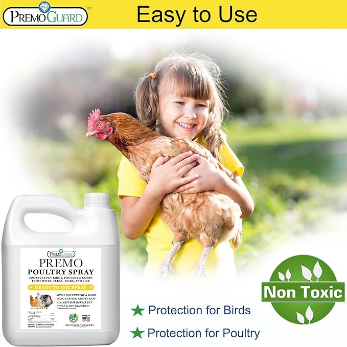 Premo Guard Poultry Spray - 128 oz - Kill Scaly Leg Mites Fleas Lice &amp Other Pest on Chickens and in Coops - Natural Plant Based Oils for Control &amp Prevention - Family Safe with No Egg Wi