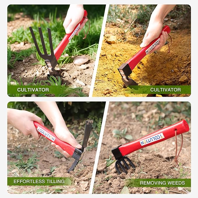 4-Pcs Gardening Tool Set – Pick Axe Hoe Hand Tiller &amp Garden Rake with 10.6 Wooden Handles DIY Assembly Required Garden Tools for Digging Soil Loosening Weeding &amp Cultivating