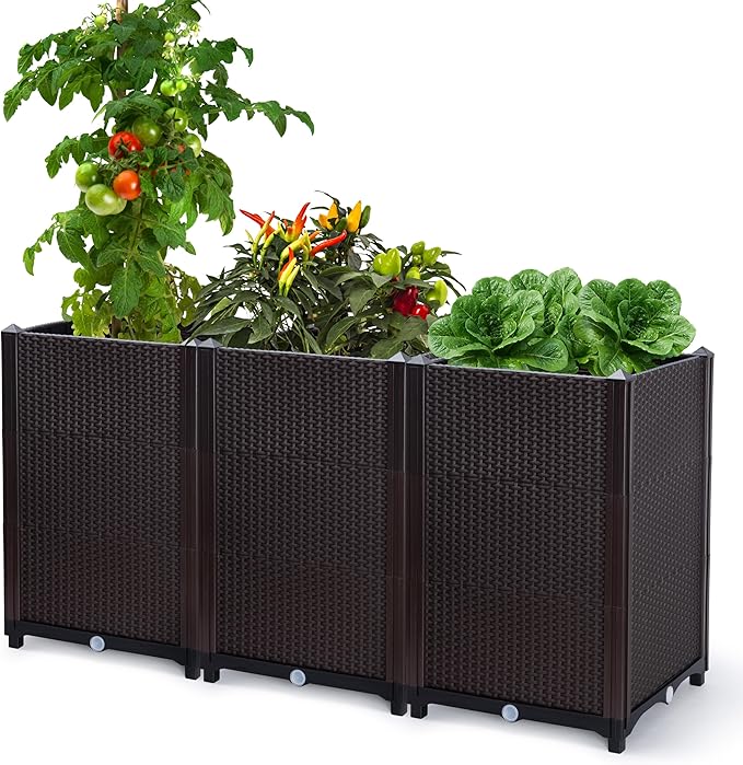 D'vine Dev Raised Patio Planter Box - Elevated Planter with Drainage Plug Raised Garden Beds for Growing Flowers Herbs Vegetables - Outdoor Standing Gardening Kit Set of 3 RGB-D-3