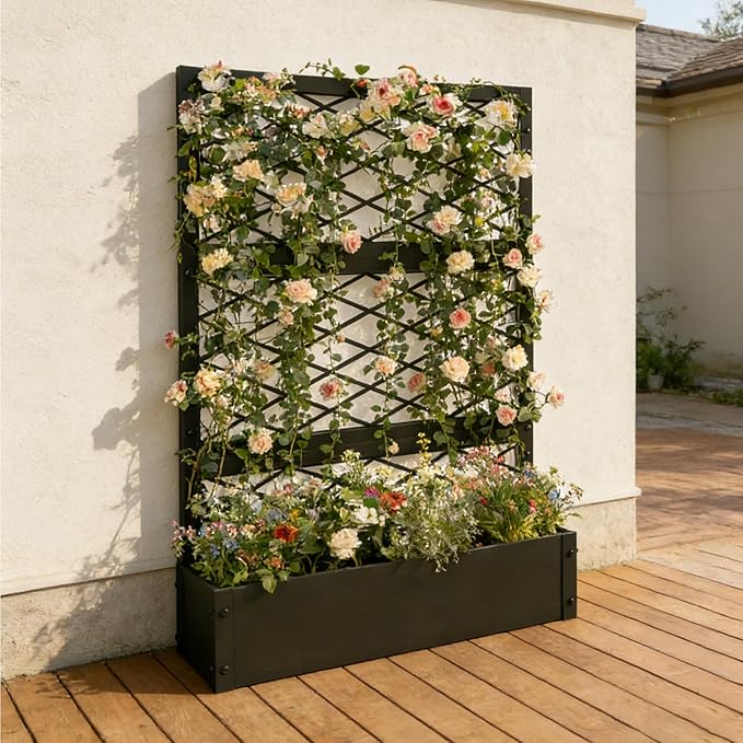 aboxoo 59 inch Planter Raised Garden Bed with Trellis Outdoor Metal Large Planter Box Elevated Garden Bed for Vegetables Flower Herb Patio(Black)