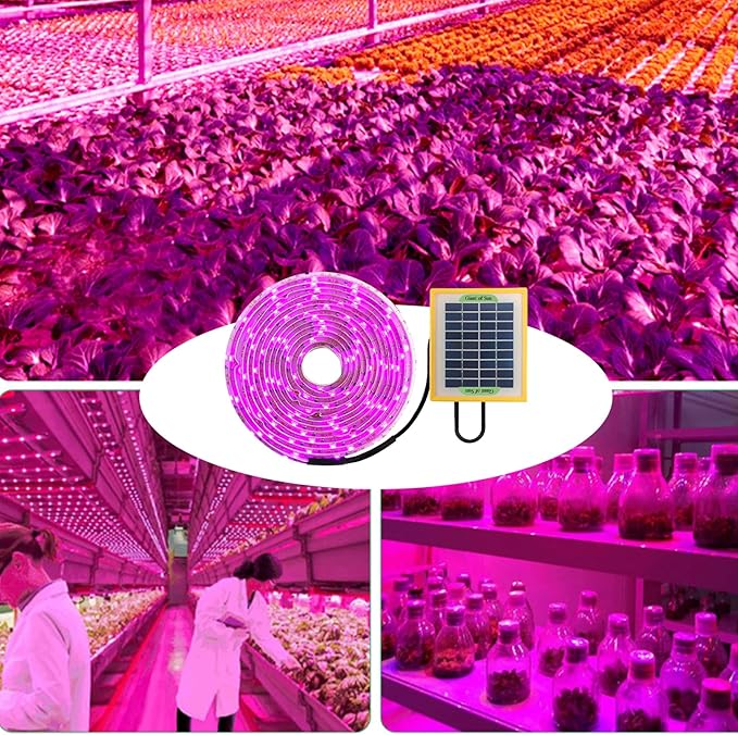 Solar Powered Grow Lights 16.4ft Plants Light Strip with Solar Panel Full Spectrum Fast Heat Dissipation Heat Lamp for Outdoor Indoor Garden Greenhouse
