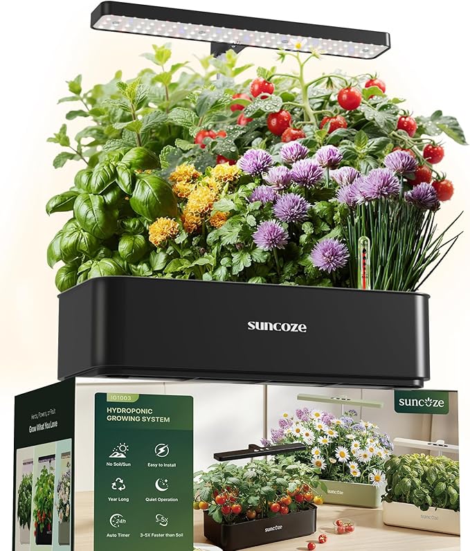 SUNCOZE Hydroponics Growing System Kit 12 Pods 24W LED Grow Light Indoor Garden 4L Water Tank with Quiet Pump Adjustable Height Herb Garden Planter Indoor Kit Gardening Gifts Black