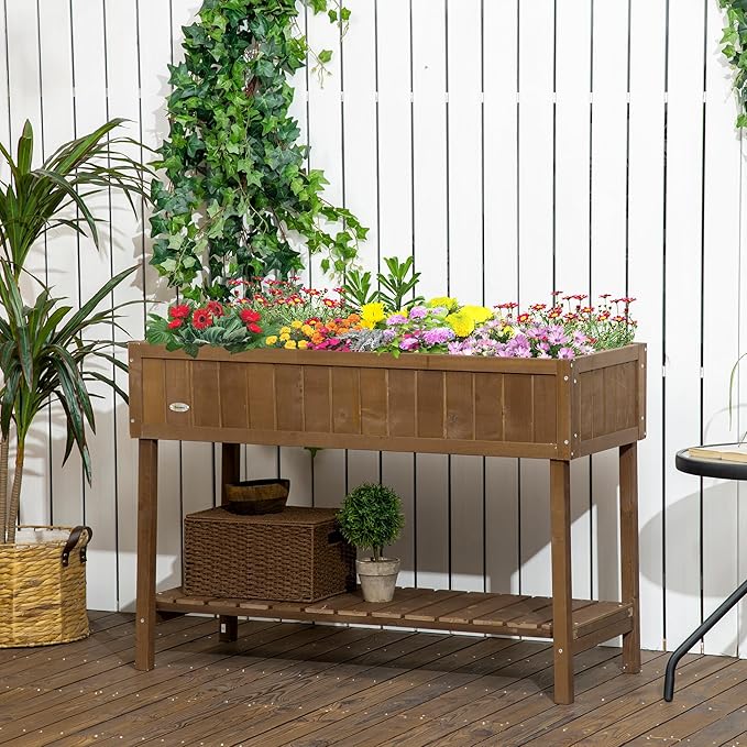 43x18x30in Raised Garden Bed with 8 Pockets and Shelf Wooden Elevated Planter Box with Legs to Grow Herbs Vegetables and Flowers Dark Brown