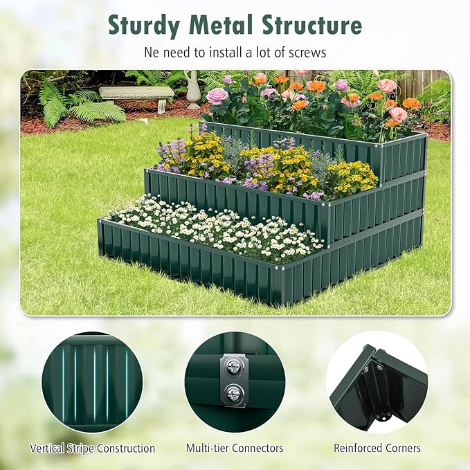 HAPPYGRILL 3-Tier Raised Garden Bed Galvanized Elevated Garden Bed w/Open-Ended Base for Deep Rooted Plants Vegetables Flowers Modular Assembly Outdoor Planter Box for Patio Backyard (1 Green)