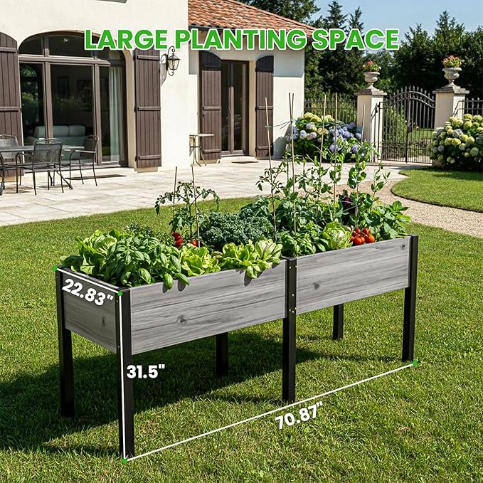 DoCred Raised Garden Bed 70.9 x 22.8 x 31.5 Large Elevated Wooden Horticulture Planter Box with Metal Legs Standing Growing Bed Planter for Gardening Balcony Backyard Patio
