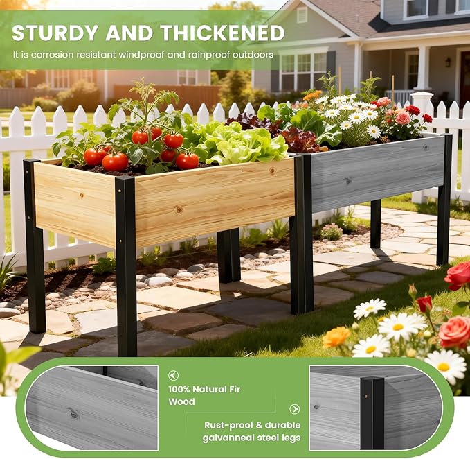 DoCred Raised Garden Bed 45.7 x 22.8 x 31.5 Large Elevated Wooden Horticulture Planter Box with Metal Legs Standing Growing Bed Planter for Gardening Balcony Backyard Patio