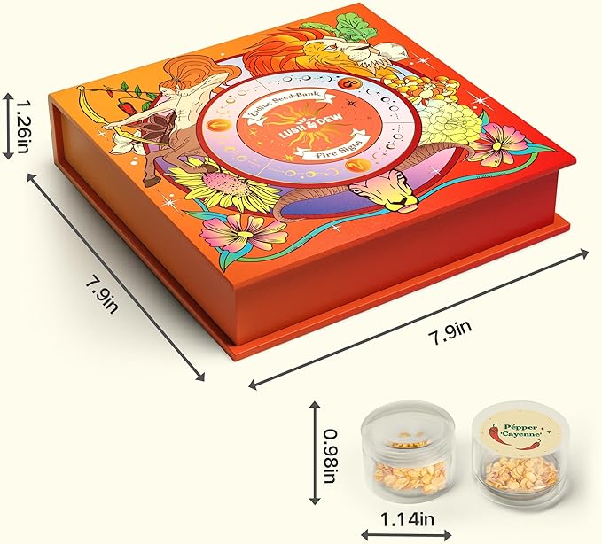 Lush&ampDew Gardening Gifts for Women Men Zodiac Garden Seed Bank 12 Varieties Non-GMO Heirloom Vegetables Flower Seeds Hand Craft Storage Box with Moon Calendar for Fire Signs USDA Zone 3-11