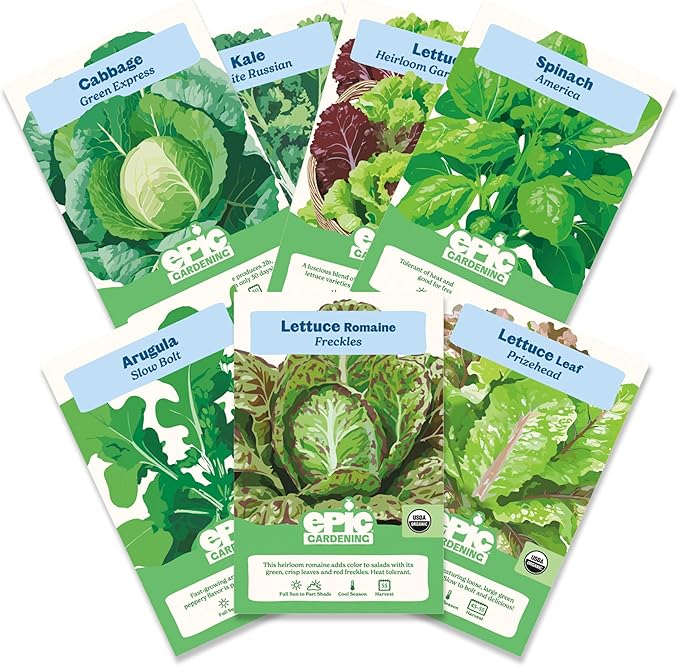 Epic Gardening Eat Your Greens Seed Kit - 7 Heirloom &amp Non-GMO Varieties Includes Kale Spinach Arugula &amp Romaine Lettuce Grow Fresh Greens for Salads Smoothies Healthy Meals Ideal for B