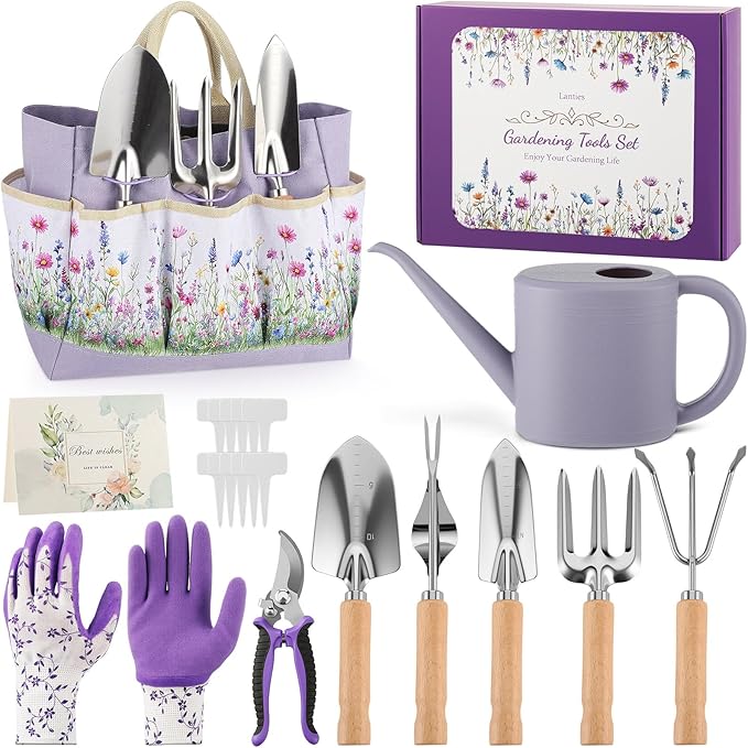 21 Piece Gardening Gifts for Women Heavy-Duty Gardening Tools Set for Wife Grandma Garden Kit Hand Tools with Purple Floral Tote Bag Water Can Gloves Garden Accessories Supplies Items