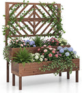 Giantex Raised Garden Bed with Trellis 2-Tier Standing Planter Box with Legs and Drain Holes Outdoor Elevated Garden Trellis for Vine Climbing Flower Vegetable Fruit Herb Growing Coffee Brown
