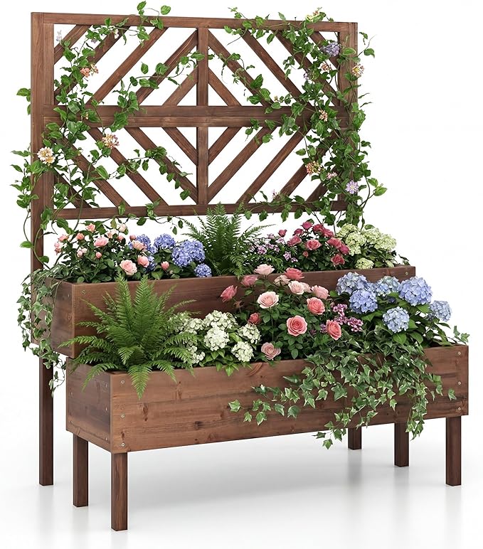 Giantex Raised Garden Bed with Trellis 2-Tier Standing Planter Box with Legs and Drain Holes Outdoor Elevated Garden Trellis for Vine Climbing Flower Vegetable Fruit Herb Growing Coffee Brown