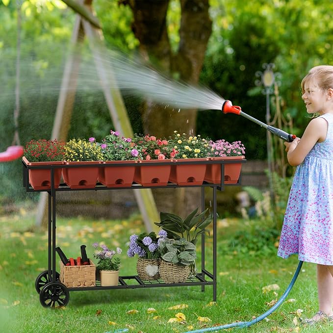YBING Elevated Garden Bed with Wheels Outdoor 42x17x30in Elevated Raised Planter Box Stand 6 Pocket Herb Garden Planter with Storage Shelf for Balcony Patio Red