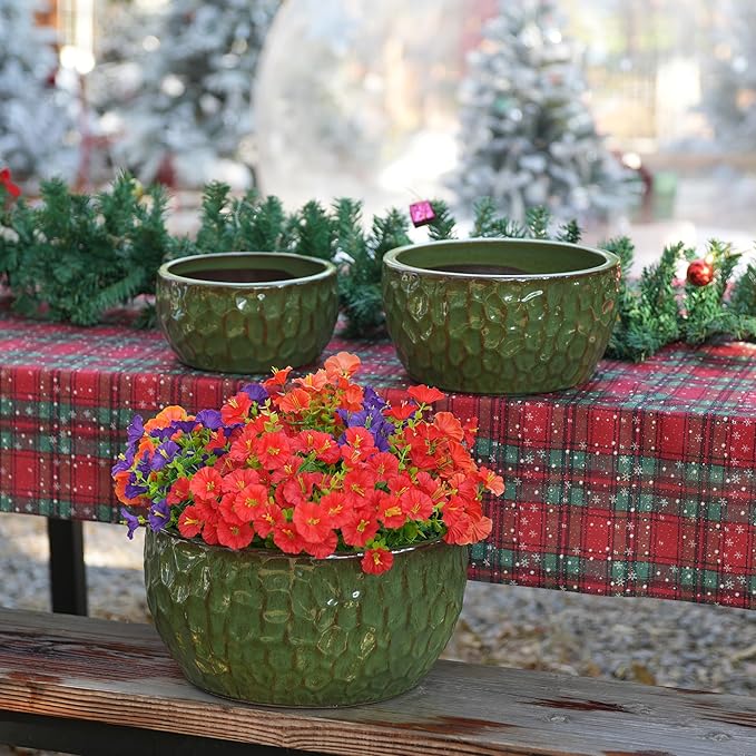Handmade Glazed Ceramic Planter Set of 3 151210 Inch Diameter Hammered Pattern for Ficus Outdoor G Indoor Staircase Use Breathable Clay with Drainage Holes Solid Green
