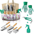 9-Piece Garden Tool Set for Women SK-5 Carbon Steel with Wooden Handle &amp Flower Tote Bag Includes Pruner Trowel Transplanter Weeder Cultivator Rake - Gardening Gifts for Mom
